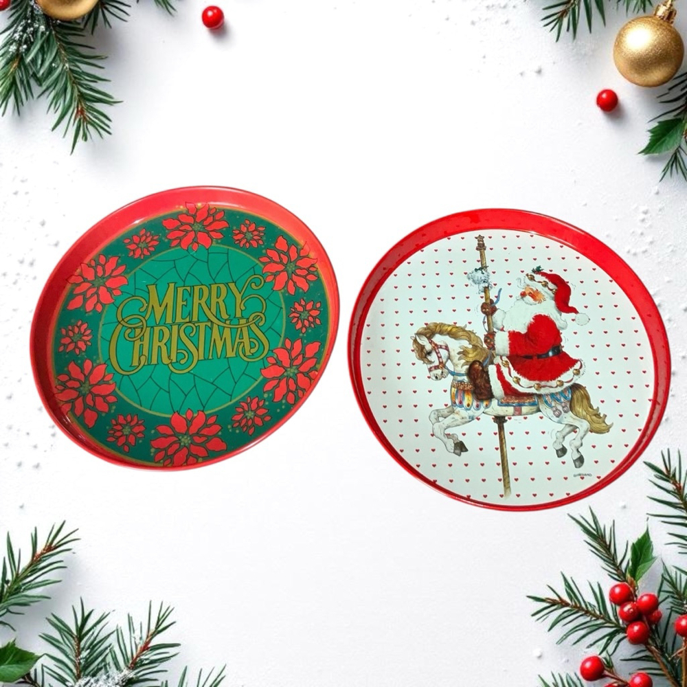 2 Vintage Giordano/Other Christmas Holiday Metal Round Serving Trays